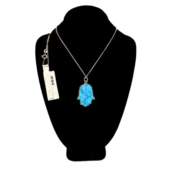 NEW - Handmade NYC Sterling Silver Turquoise Hamsa Hand Necklace 20" Chain - Picture 2 of 3